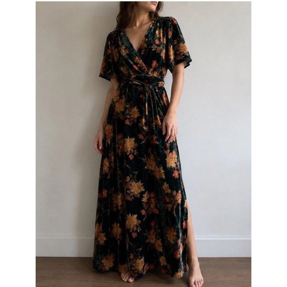 Baltic Born Uma Green Floral Velvet Wrap Maxi Dress Medium Boho Wedding Guest